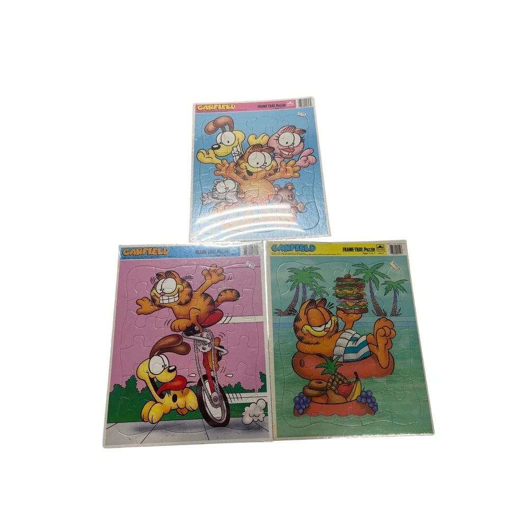 Vintage Garfield Frame-Tray Puzzle Set 3 Golden Guild Jim Davis Odie 1990s Retro